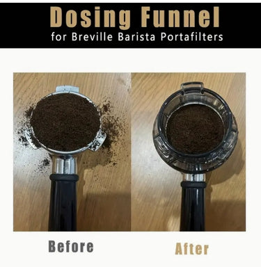 Before and after comparison of a dosing funnel for Breville Barista Portafilters on a wooden surface.